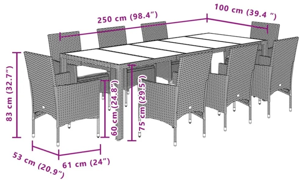 vidaXL 9 részes bézs polyrattan/üveg kerti étkezőgarnitúra párnákkal