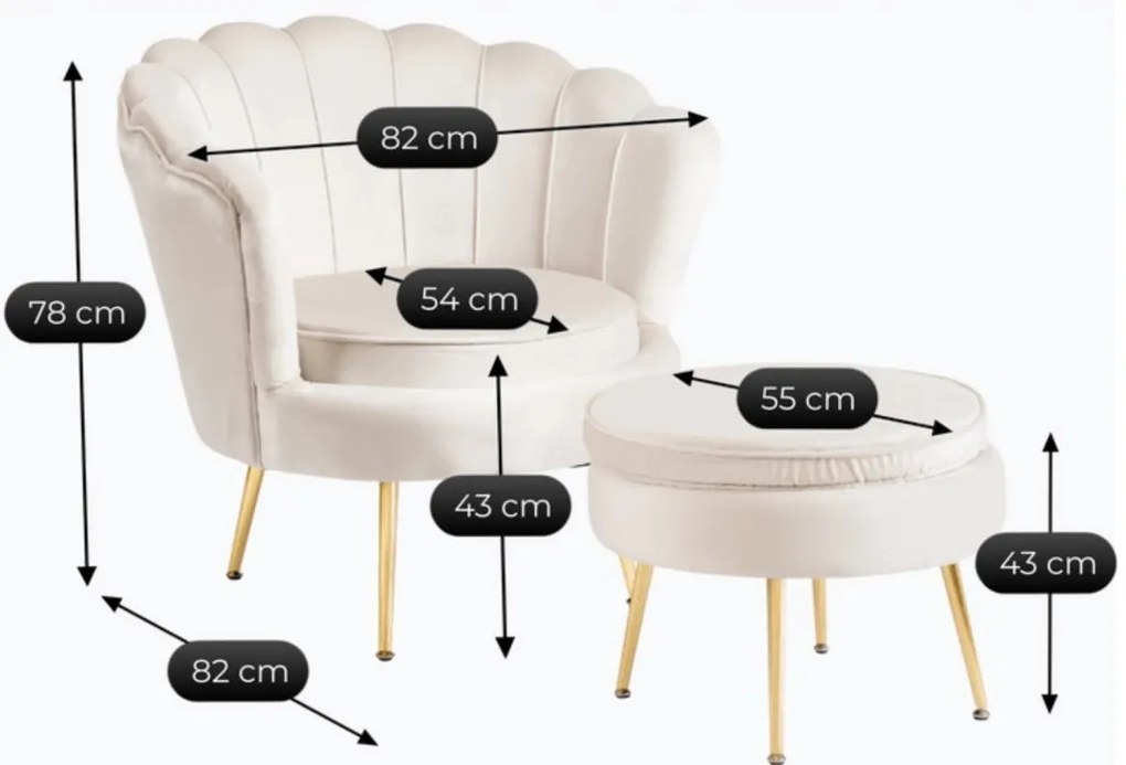 Elegáns Fotel Lábtartóval Krészínű Bársony Kárpittal. GRAND