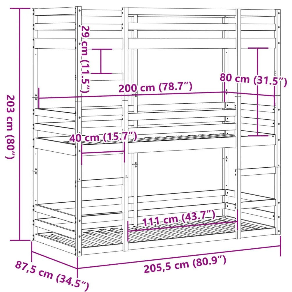 viaszbarna tömör fenyőfa háromszintes ágy 80 x 200 cm
