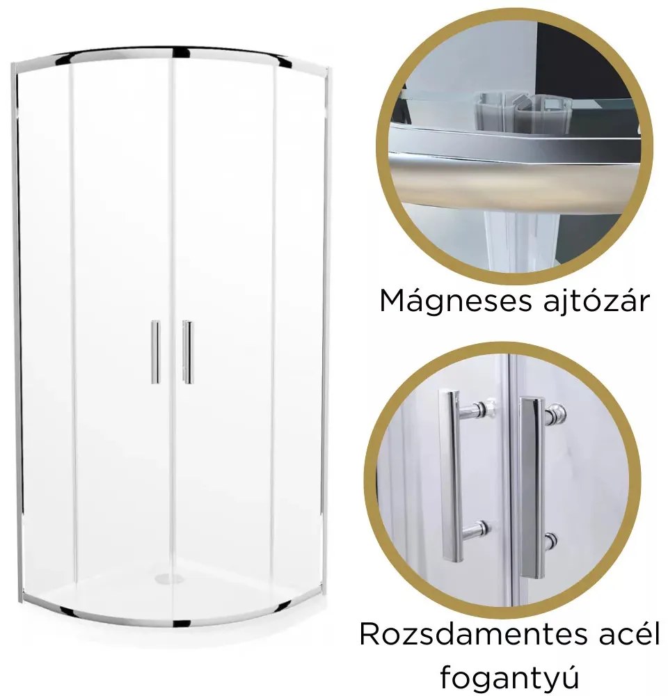 Elio 80X80 cm íves két tolóajtós zuhanykabin 6 mm vízlepergető biztonsági üveggel, krómozott elemekkel, 190 cm magas