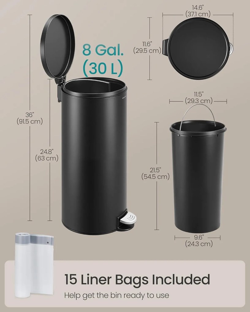 Fém kerek konyhai szemetes, 30 L, pedálos, műanyag belső vödörrel, fekete