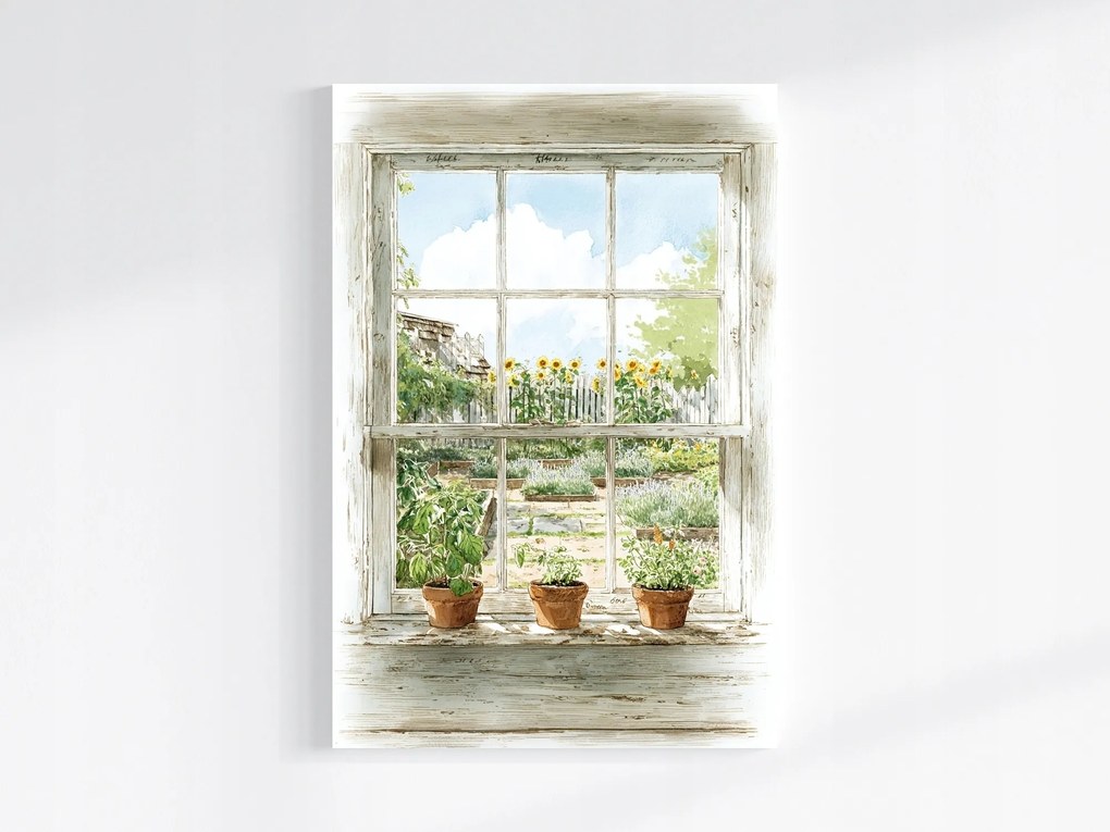 Vászonkép Canvas Ablak Kilátás Kert Virágok Napraforgók Gyógynövények 80x120