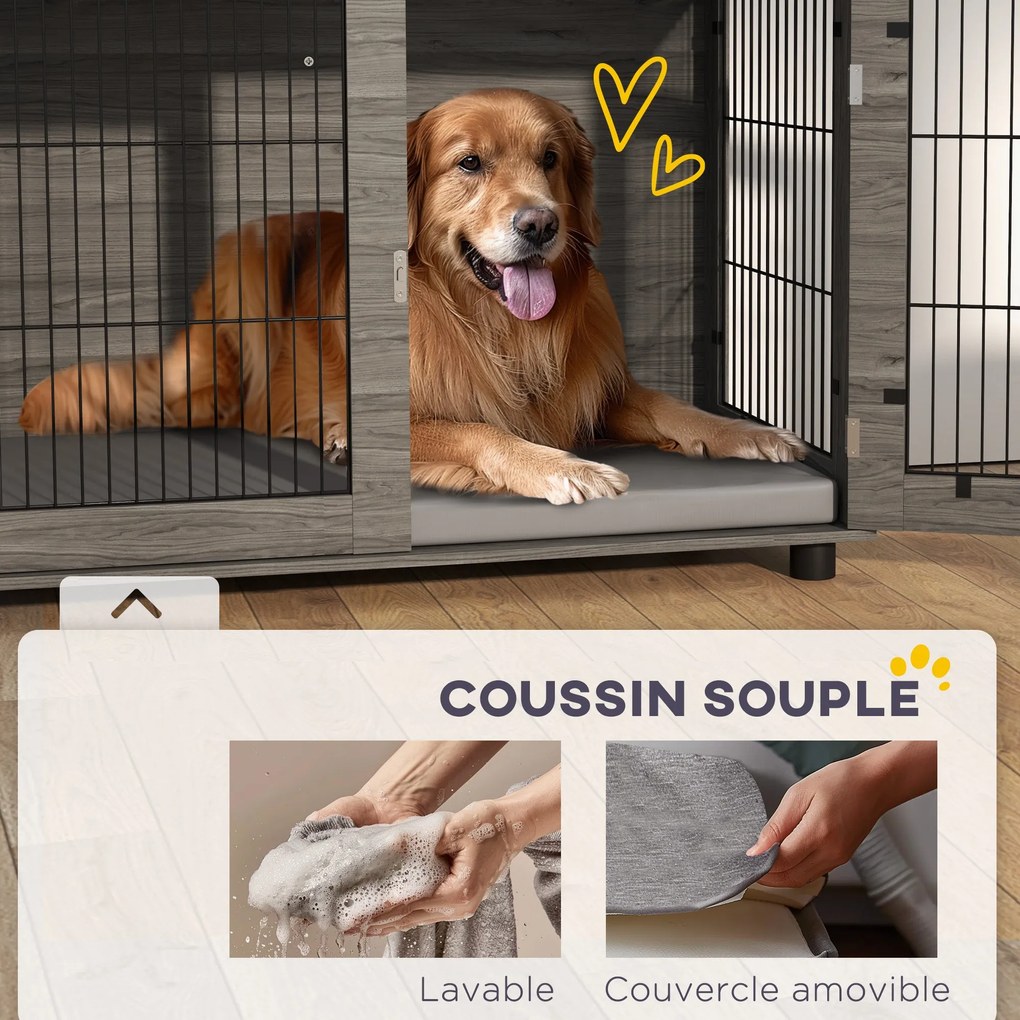 PawHut Benti Kutyaketrec, Oldalasztal, 100 x 60 x 73,5 cm, kutya kennel 30 kg-ig, levehető párnával és zárható ajtóval, könnyű összeszerelés, szürke |