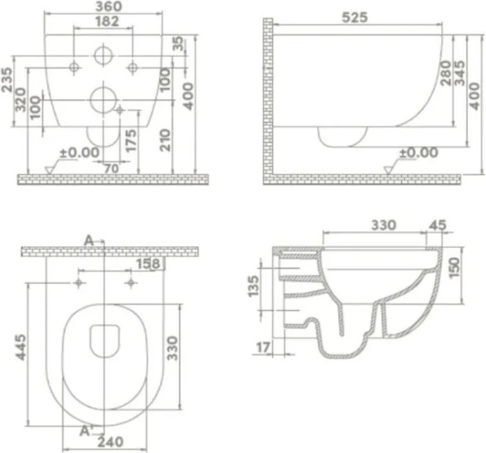 CeraStyle BELLA fali WC - BEÉPÍTETT bidé funkcióval - perem nélküli - VORTEX örvényöblítéssel -53 cm