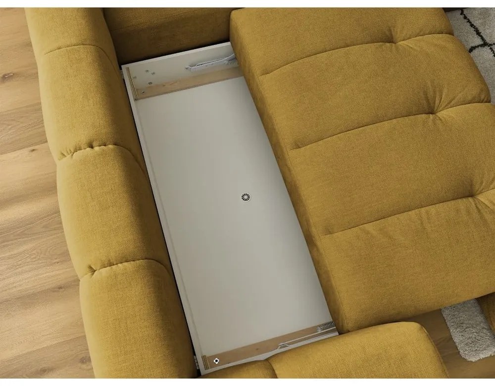 Mustársárga kinyitható-tárolóhelyes sarokkanapé (jobb oldali-L alakú) Fuji – Bobochic Paris