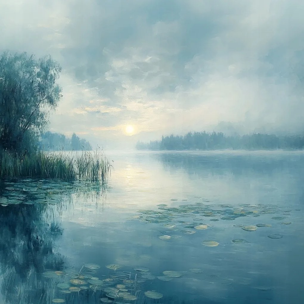 Vászonkép Canvas Tájkép Tó Fák Napfelkelte Köd 80x80