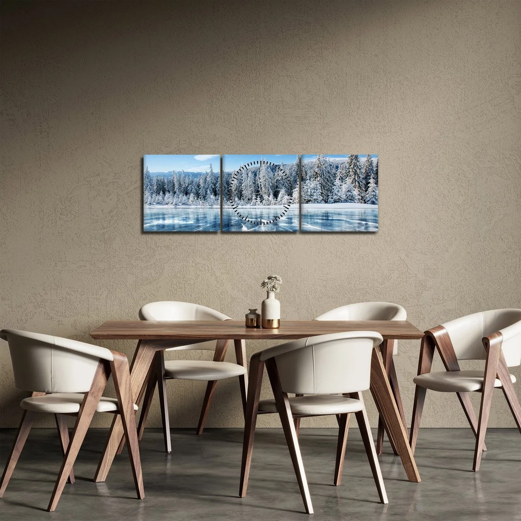 Kép a befagyott tóról és a havas fákról (órával) (90x30 cm)