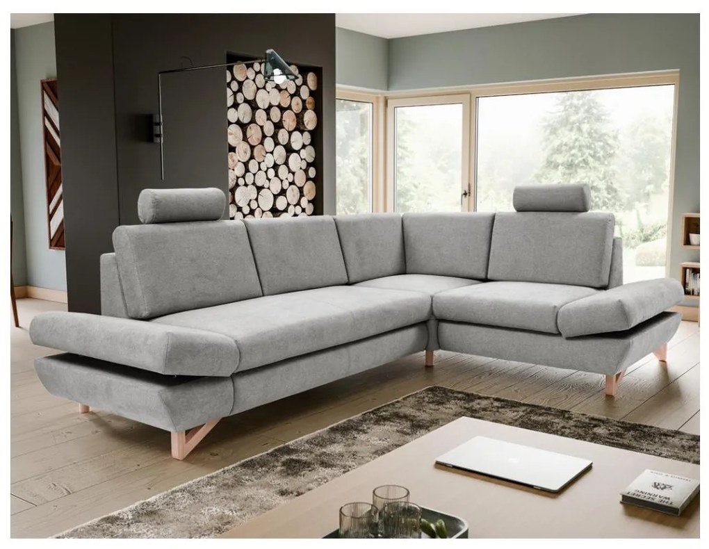 Ággyá nyitható, kárpitozott, jobb oldali L-alakú sarok ülőgarnitúra tárolórekesszel AVESTA, szürke