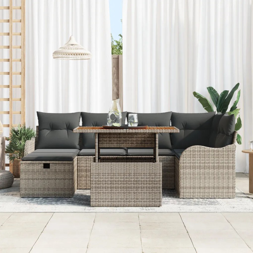 7 Darabos Kert Sofa Szett Levehető Párnákkal Szürke Poli Rattan