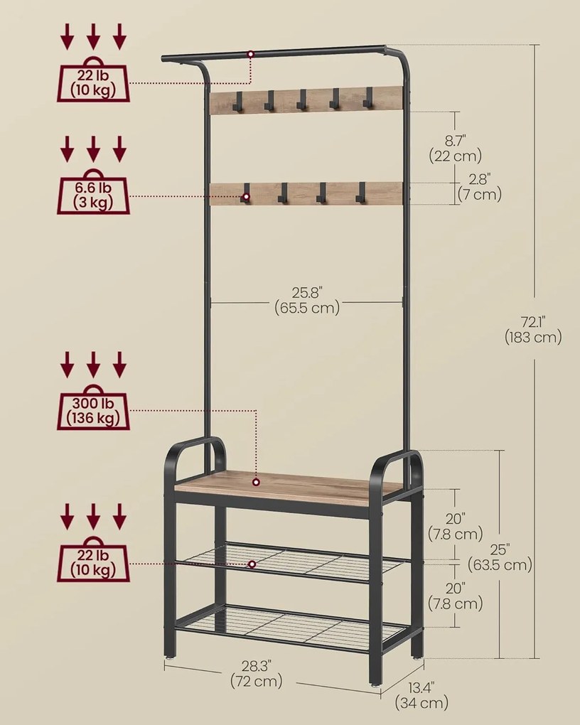 VASAGLE 4 az 1-ben előszobafal cipőpaddal és fogassal, 72 cm, barna-fekete