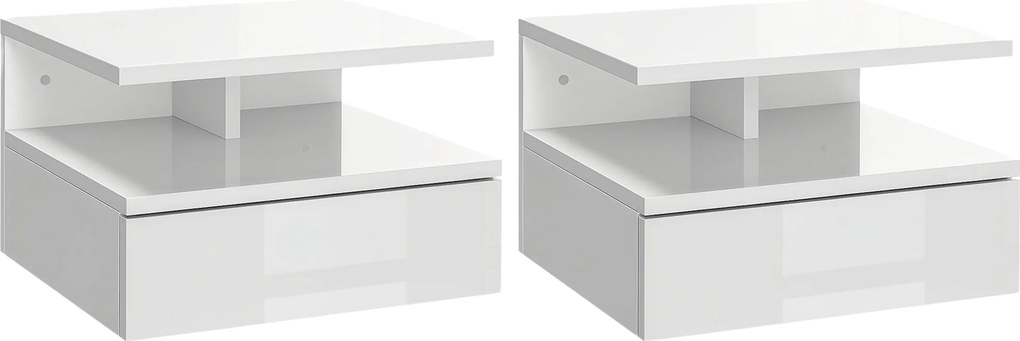 HOMCOM 2 db Felfüggeszthető Éjjeli Szekrény 1 Fiókkal és Nyitott Polccal a Hálószobába 35x32x22.5 cm Fényes Fehér | Aosom
