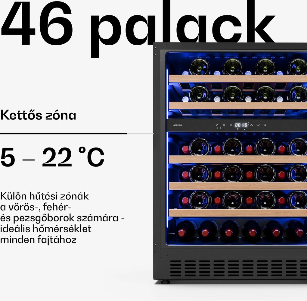 Klarstein Illuminosa pult alatti borhűtő | Kétzónás | 129 liter | 46 palack | 60 cm
