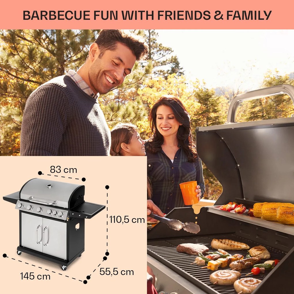 Tomahawk, gázgrill, 5 x 3,6 kW-os + 2,7 kW-os égő, 80 x 43,5 cm-es rozsdamentes acél grillsütő