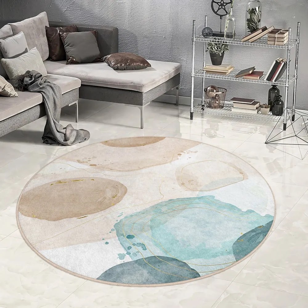 Kék-bézs mosható kerek szőnyeg ø 150 cm Puddle – Mila Home