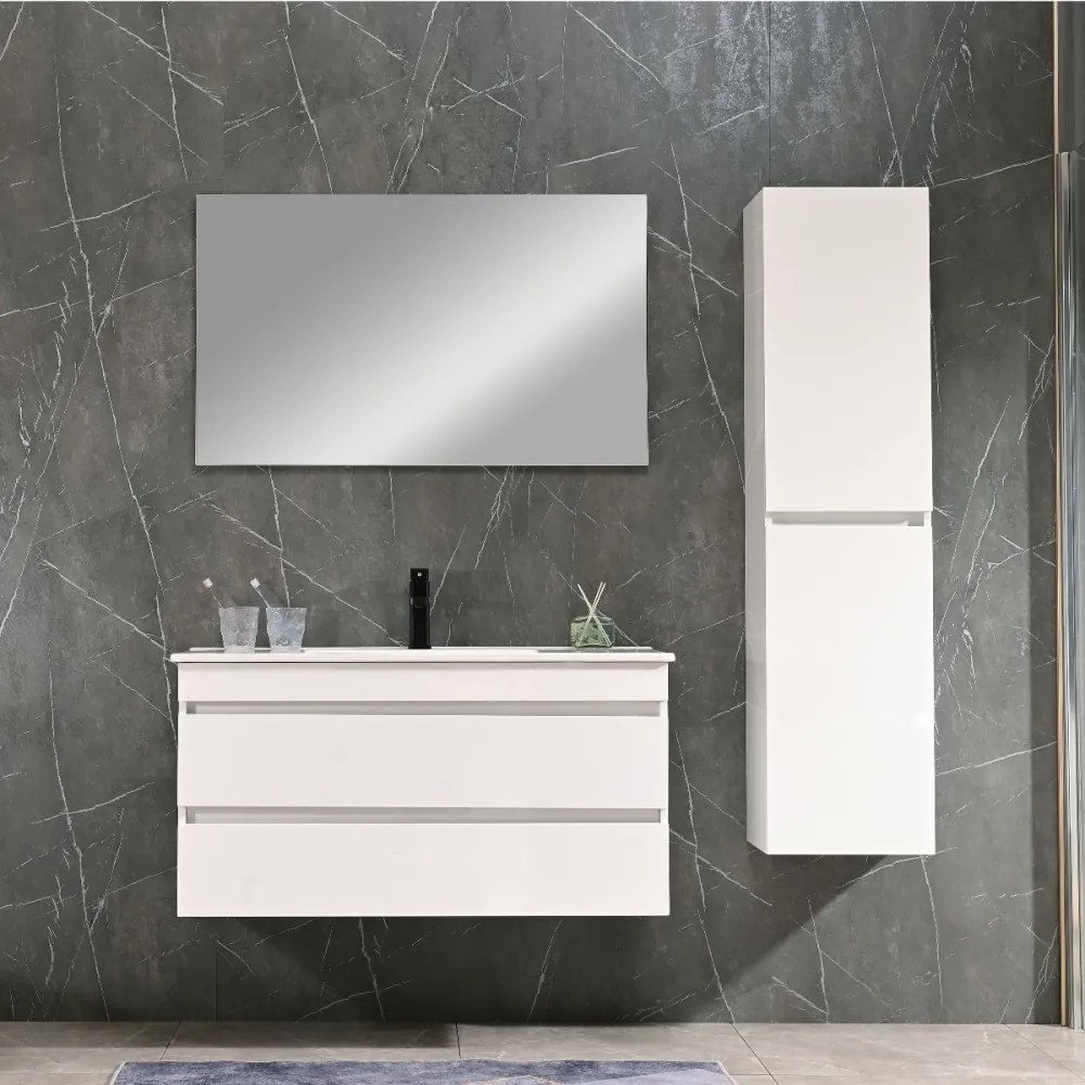 Cube 100 alsó fürdőszobabútor kerámia mosdóval 2 fiókos, magasfényű festett fehér