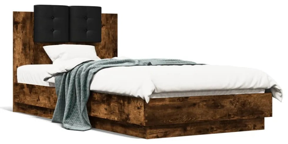 füstös tölgy színű ágykeret fejtámlával és LED-ekkel 75x190 cm