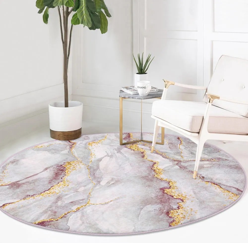 Világos rózsaszín-aranyszínű mosható kerek szőnyeg ø 120 cm Marble – Mila Home