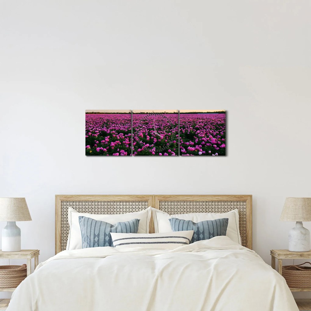 Kép - lila tulipánok rétje (órával) (90x30 cm)