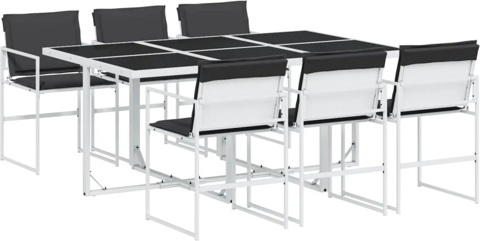 vidaXL 7 részes fehér textilén kerti étkezőgarnitúra párnákkal