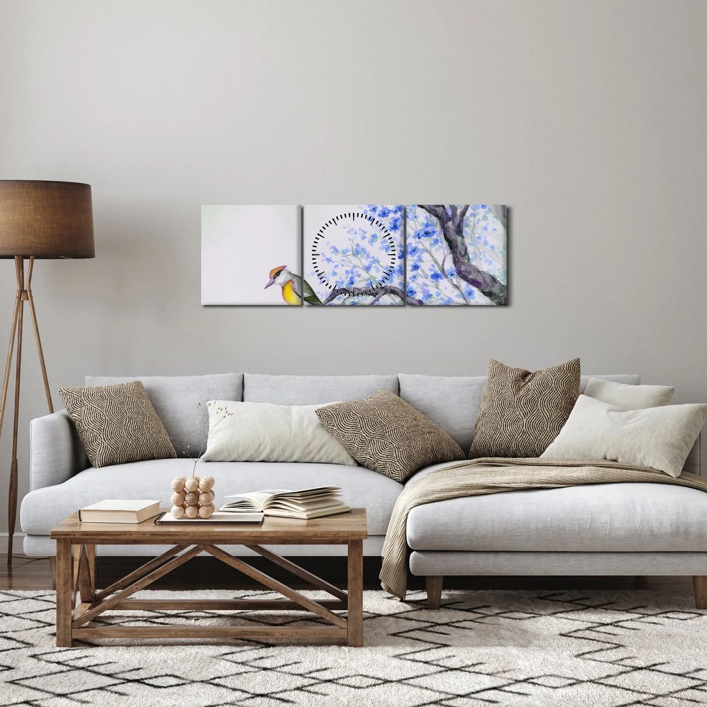 Kép - Madár egy fán kék virágokkal (órával) (90x30 cm)