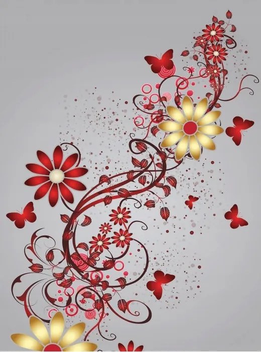 Fotótapéta flizelina Piros-arany virágok és pillangók dísz 206x275 +ragasztó