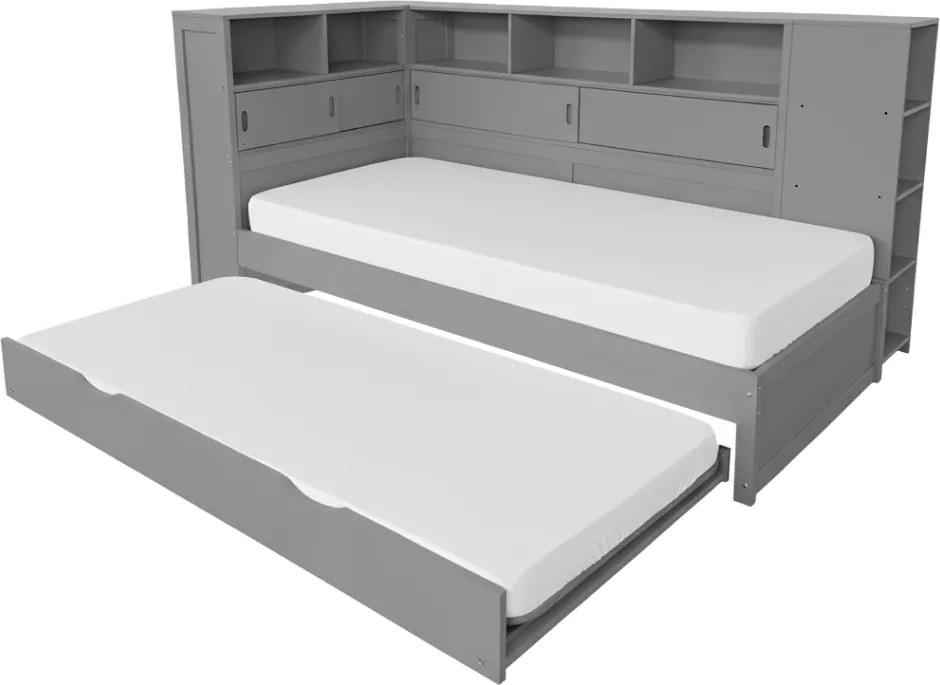 Ágy polcokkal és pótággyal, szürke, 90x200, LENDON