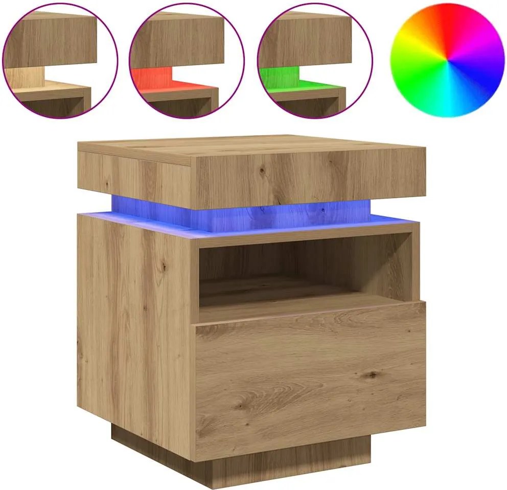 vidaXL 2 db kézműves tölgy éjjeliszekrény LED-fényekkel 40x39x48,5 cm