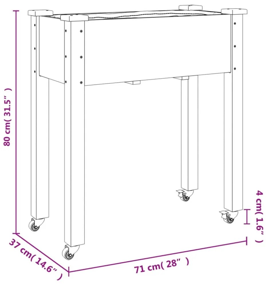szürke tömör fenyőfa kerekes ültetőláda béléssel 71x37x80 cm