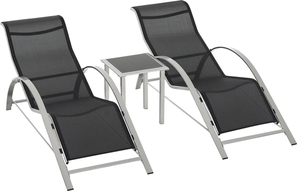 Outsunny Kert Napozóágy Szett Fém Hálós 3-Részes Napozóágy Teázó Asztallal, 2 Napozóággyal, 1 Oldalas Asztallal - Kerti Bútor Szett 59W x 169D x 66H c
