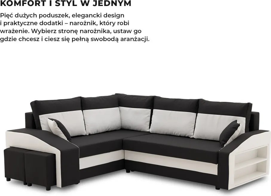 Grande sarokkanapé polcokkal és puffokkal , polc a jobb karfaban puffok a bal karfaban, baloldali, szövet anyag, hab töltet, fekete - fehér