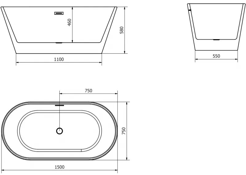 Mexen Flavia, szabadon álló kád 150 x 75 cm, fehér-fekete, grafit túlfolyó, 54031507575-66