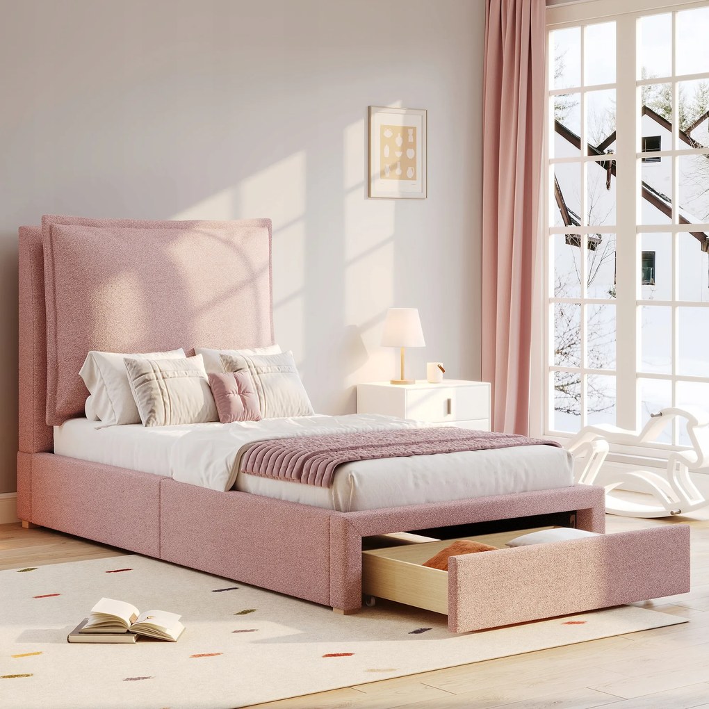 Kárpitozott ágy egyszemélyes gyerekágy 90x200cm Zsenília rózsaszín