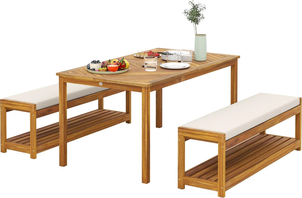 Outsunny 3 részes Kerti Bútor Szett Teak Fából: 1 Étkezőasztallal, Napernyő Nyílással, 2 Pad, Erkély Bútor Szett, Kerti Bútor Erkélyre, Teraszra | Aos