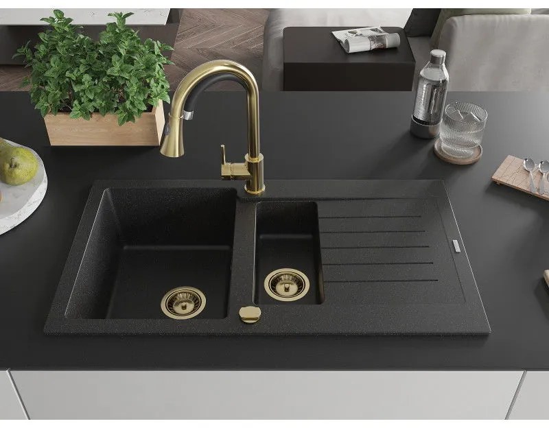 Mexen Matias, gránit mosogató 900x505x200 mm, 1,5 kamrás, fekete-ezüst metál arany szifonnal, 6502901505-73-G