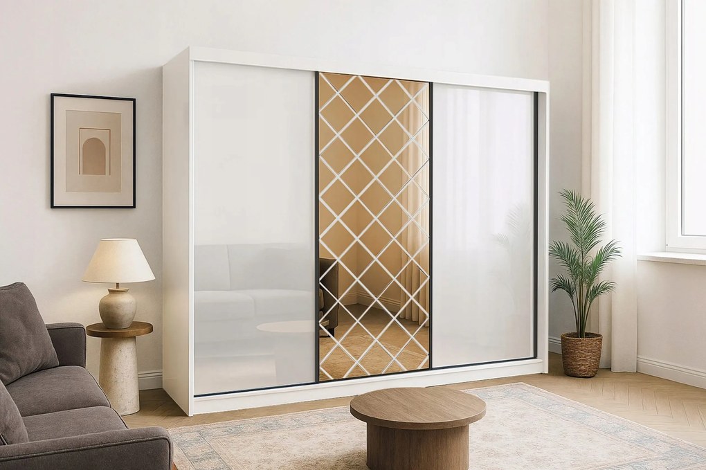 Modern Tolóajtós Ruhaszekrény Caro Tükörrel 250 Fehér