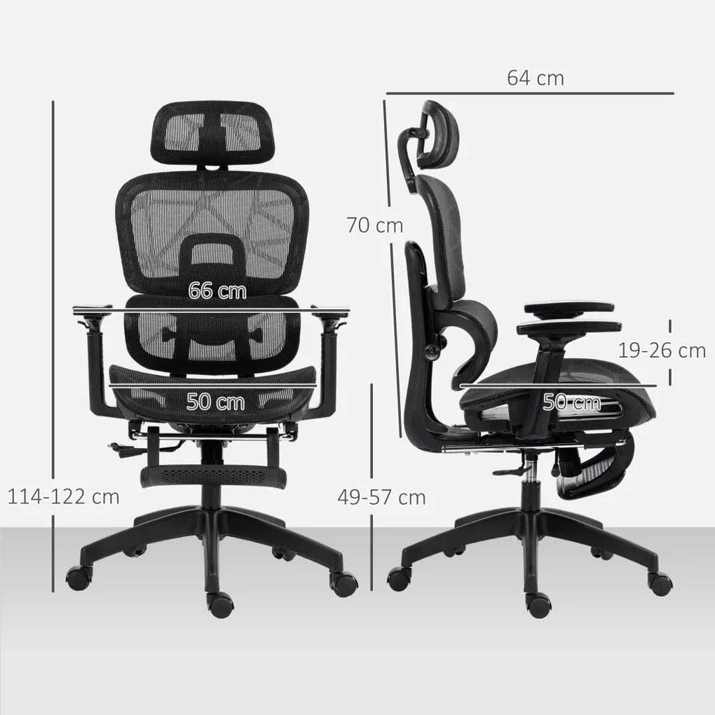 HOMCOM Ergonomikus irodai szék, hálós szövettel, állítható 3D, karfákkal és fejtámlával, fekete