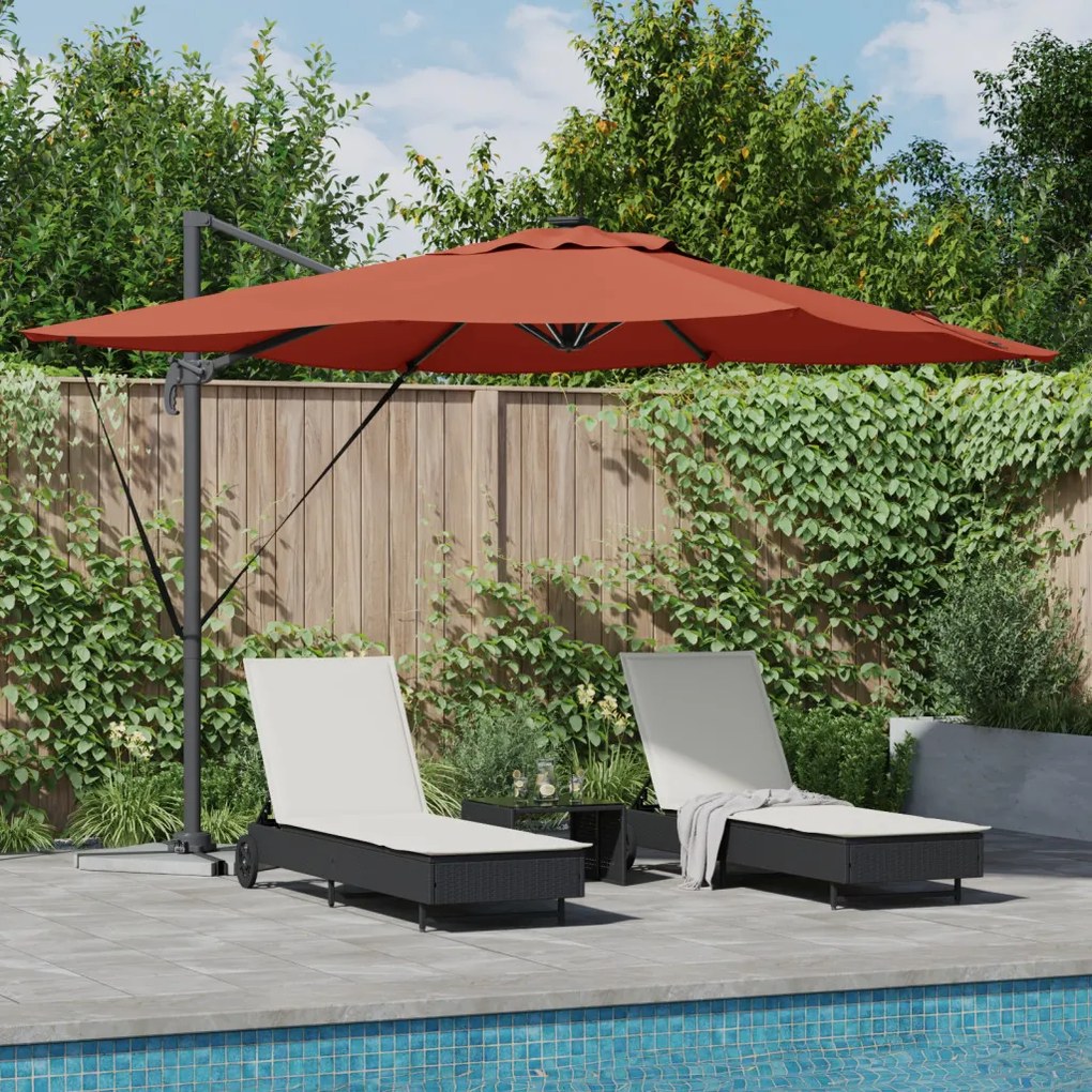 Roma Cantilever Napernyő LED lámpákkal, terrakotta - 286 x 285 x 270 cm, alumínium.