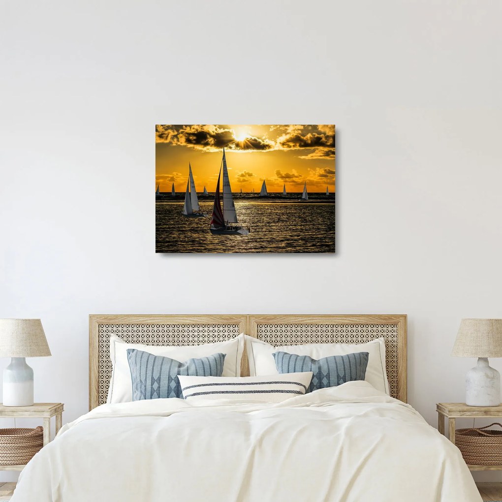 Jacht a naplementében képe (üvegen) (70x50 cm)
