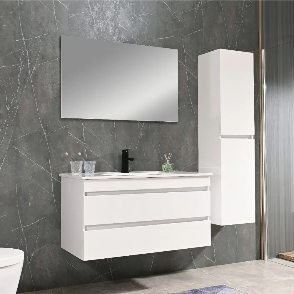 Cube 100 alsó fürdőszobabútor kerámia mosdóval 2 fiókos, magasfényű festett fehér