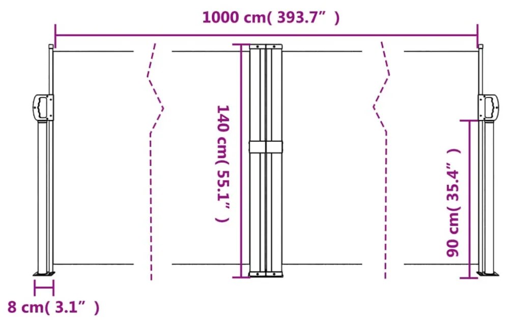 antracitszürke behúzható oldalsó napellenző 140 x 1000 cm