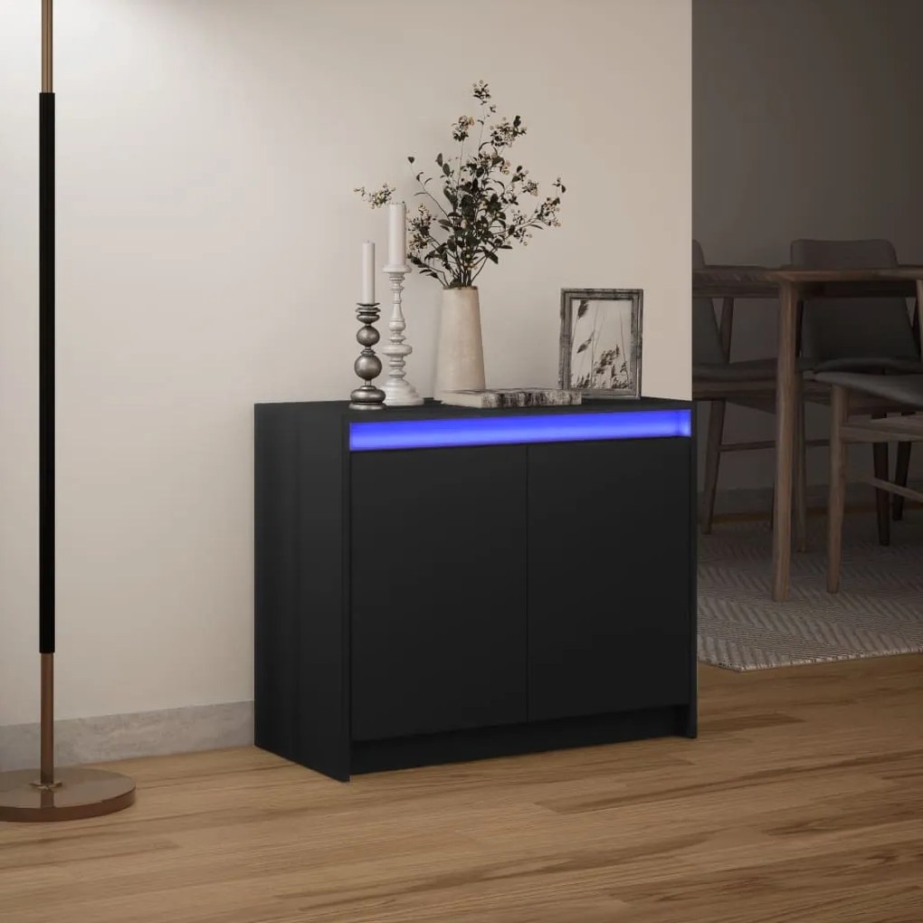 fekete szerelt fa tálalószekrény LED-del 72 x 34 x 61 cm