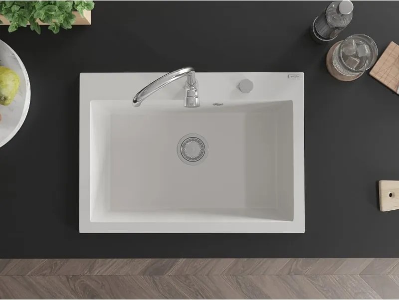 Mexen Elix gránit mosogató 1-medencés 700 x 500 mm, fehér, króm szifon - 6526701005-20