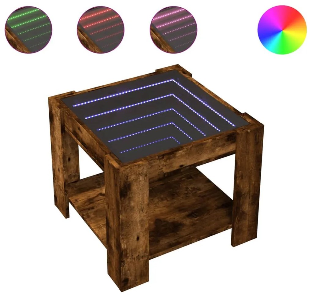 Füstös tölgy szerelt fa dohányzóasztal LED-del 53 x 53 x 45 cm