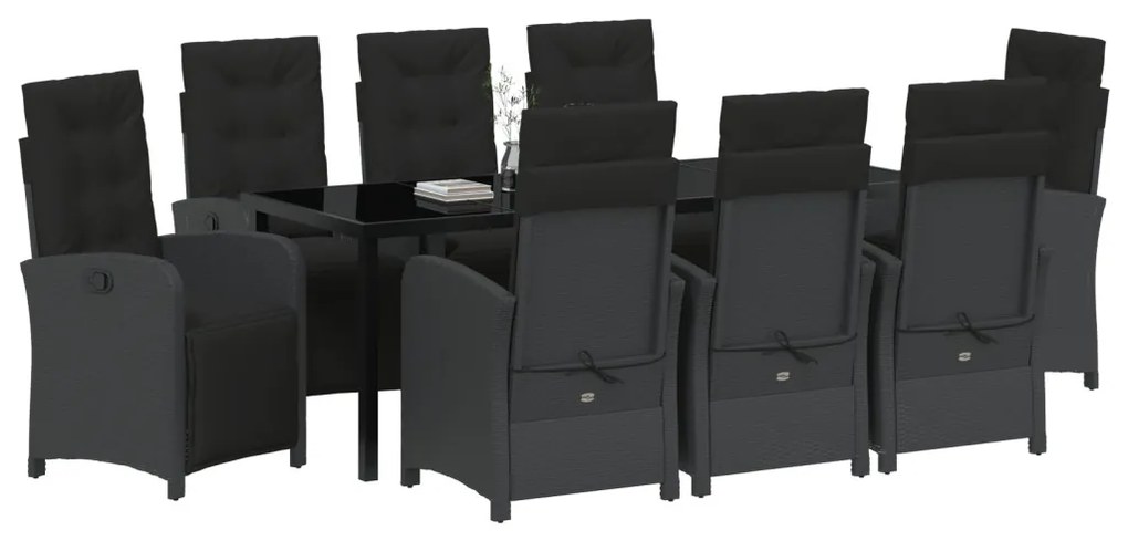 9 darabos kerti étkezőszett párnákkal fekete poli rattan, kerti asztal fekete 200x80x73 cm edzett üveggel
