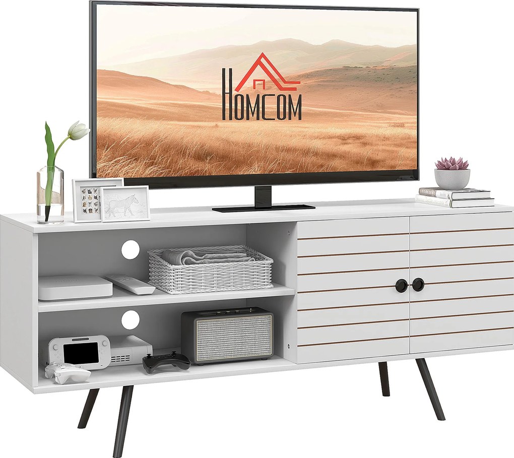 HOMCOM TV Állvány Nappaliba 65 Hüvelykes TV-hez Modern TV Állvány 2 Nyitott Polccal és 1 Állítható Polccal 145x38x65 cm Fehér | Aosom
