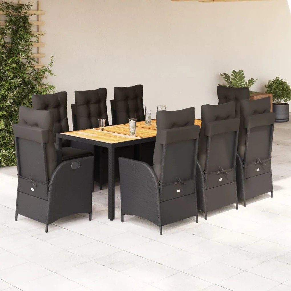 9 részes fekete polyrattan kerti étkezőgarnitúra párnákkal