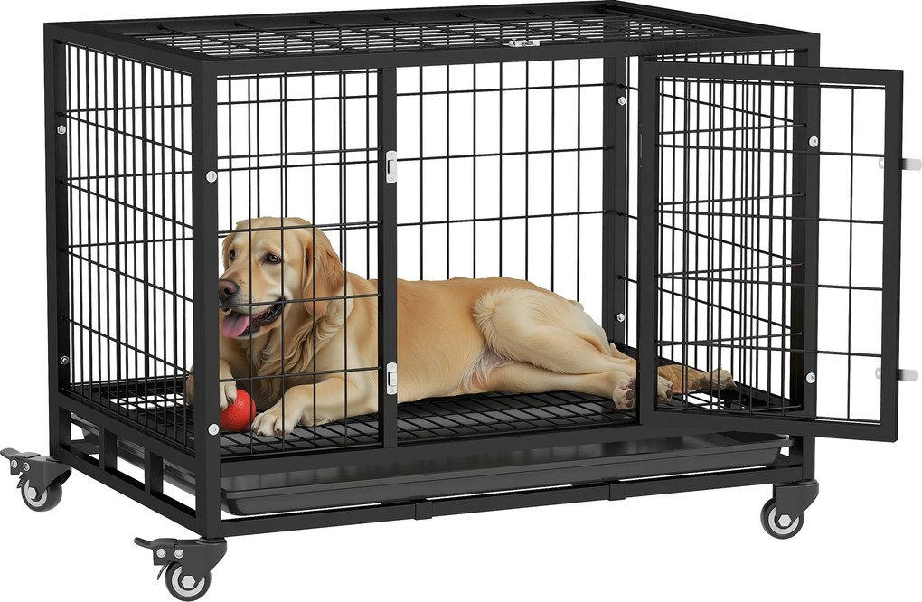 PawHut Fém Kutyaketrec Kerekekkel és Fékkel, Mosható Tálcával és Zárható Ajtóval Golden Retriever és Labrador számára, 92x62x75 cm, Fekete | Aosom
