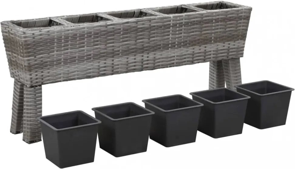 Szürke polyrattan kerti virágtartó 5 kaspóval 118 x 25 x 50 cm