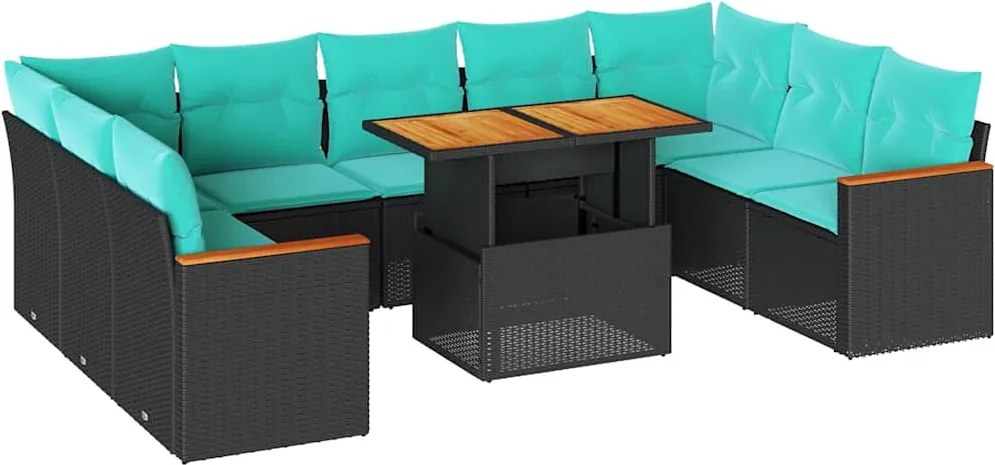 vidaXL 10 részes fekete polyrattan kerti ülőgarnitúra párnákkal