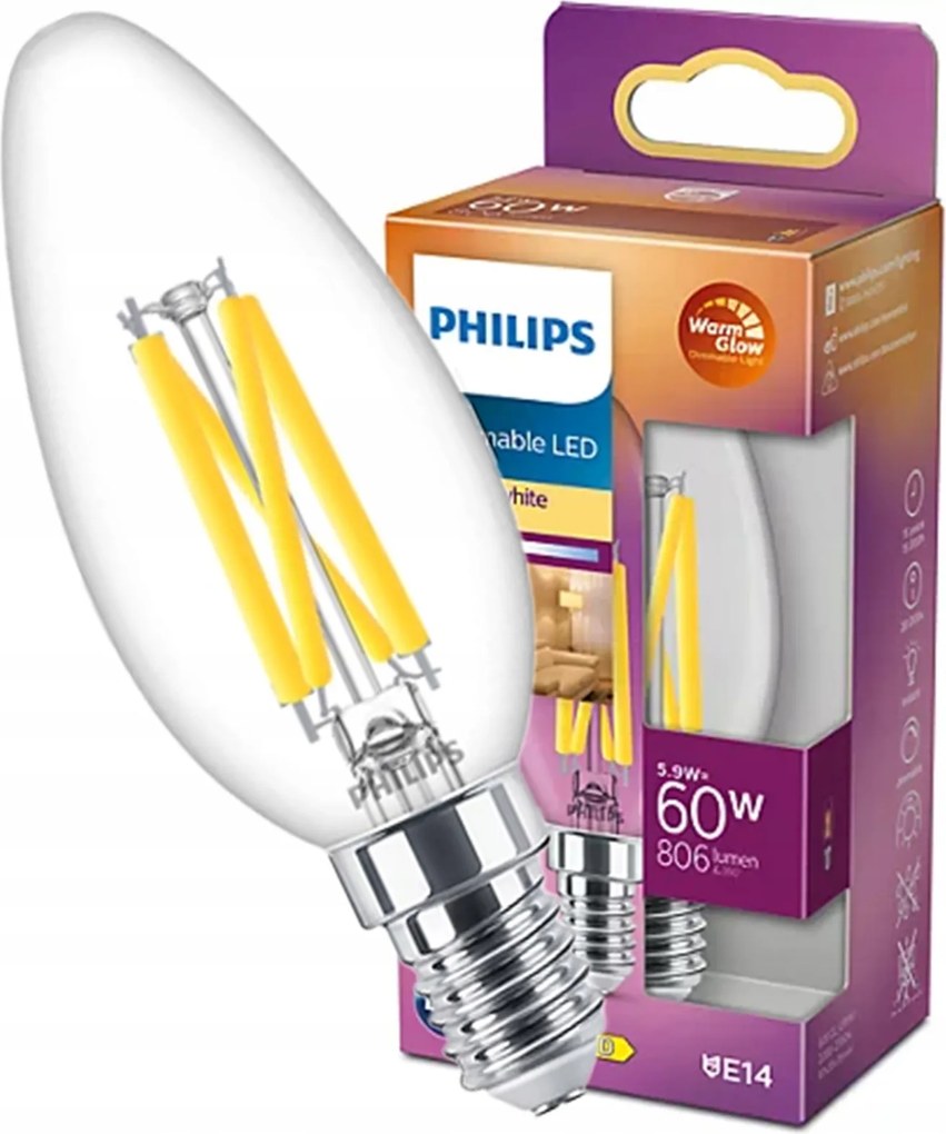 Led izzó Gyertya E14 5.9W 60W 806lm 2700K Tompítható Filament Philips
